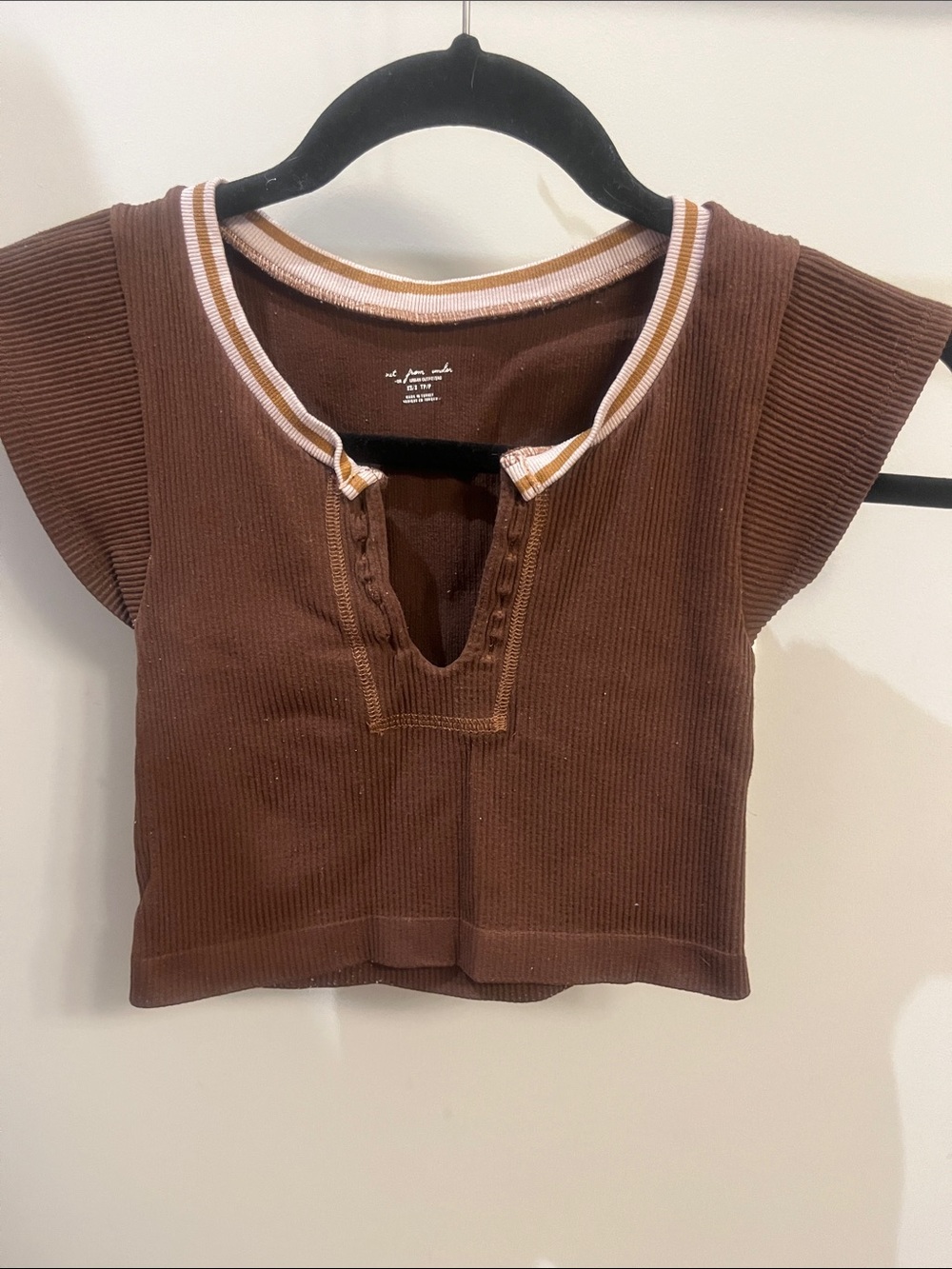 Urban Outfitters Brown Ribbed Crop Top with Contrast Trim